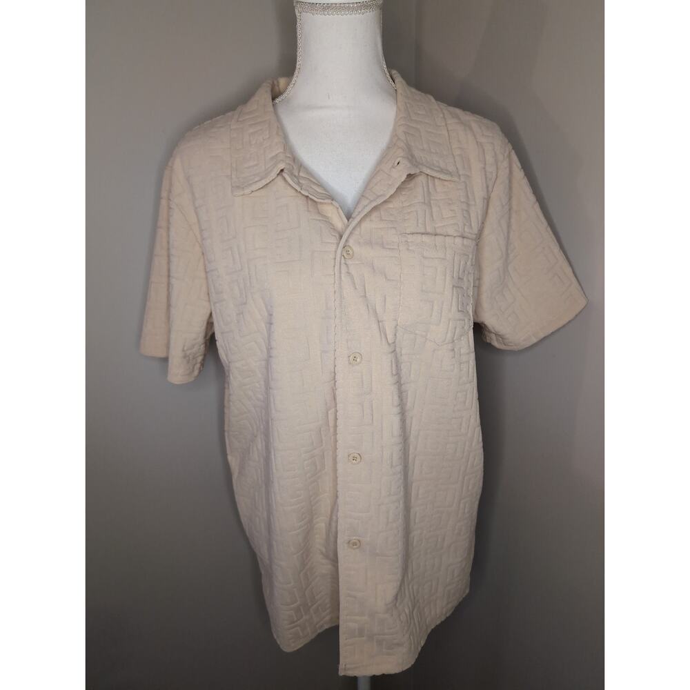 Reason NY Cream Geometric Texture Short Sleeve Button-Up Shirt M